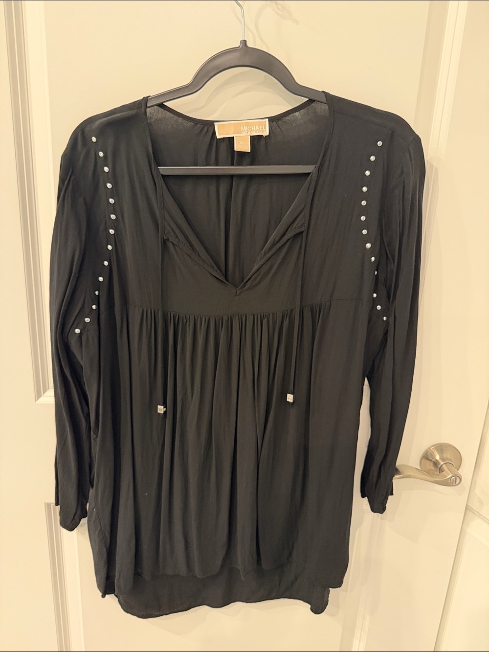 Michael Kors Black Long-Sleeve Stud-Accent Peasant Blouse